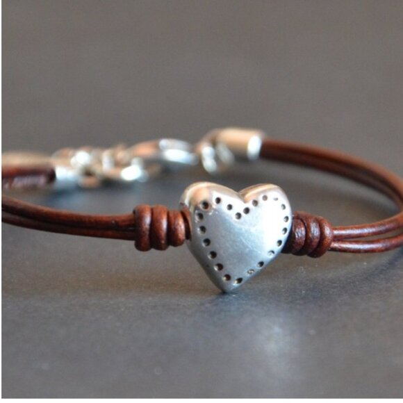 3/$35 Vintage Silver Love Heart Pendant Charm Bracelet Brown Rope Cord Jewelry - Picture 6 of 6